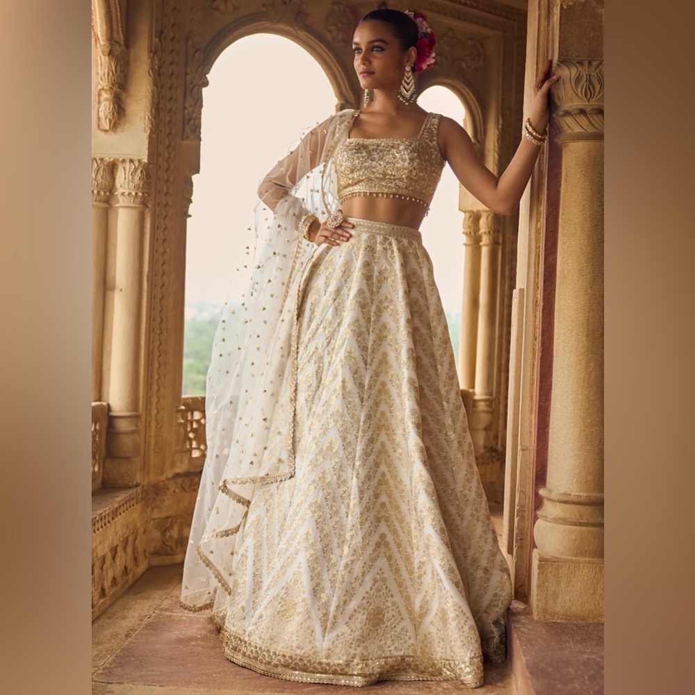 White Embroidered Brocade Lehenga
